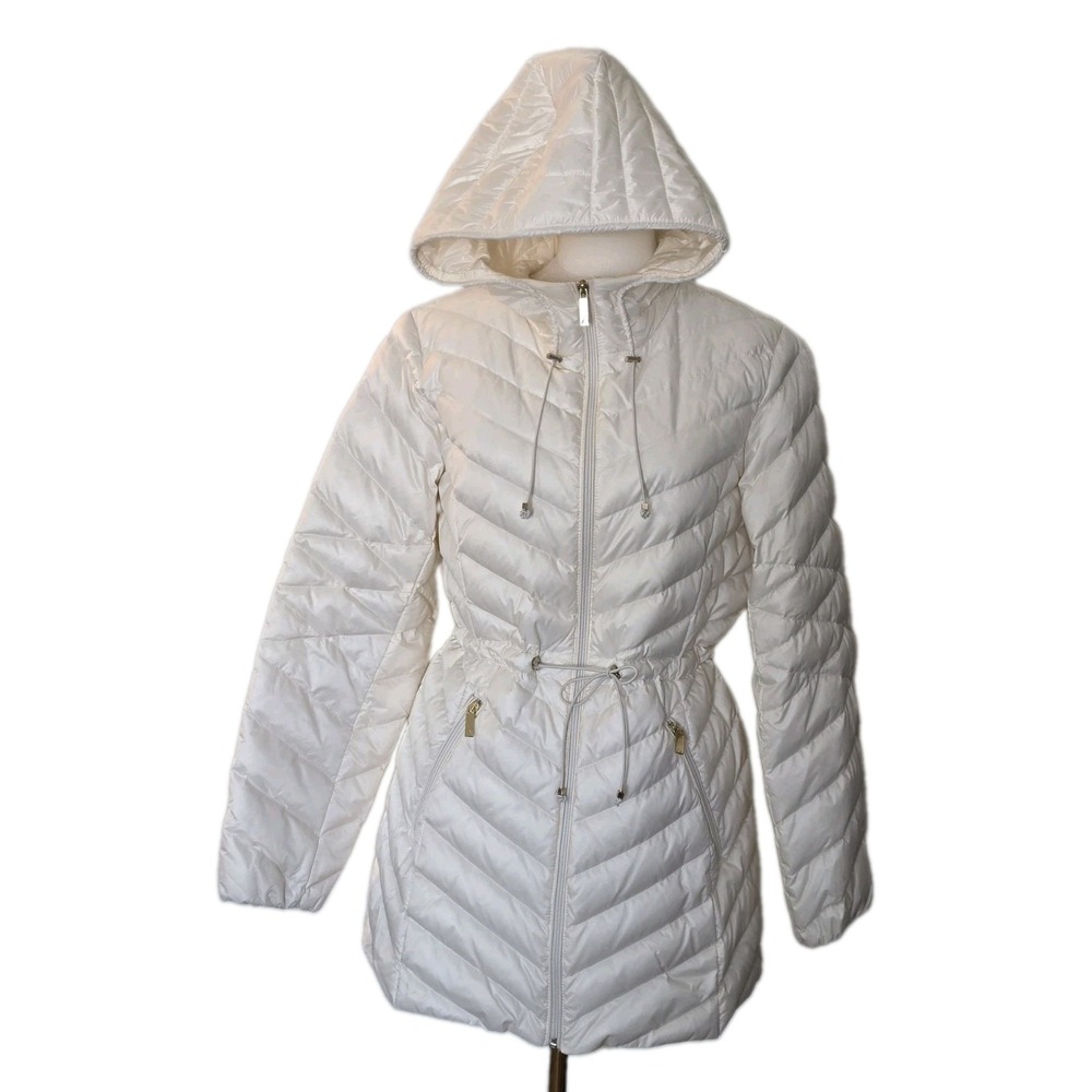 GALLERY Hooded Puffer Coat Quilted with Zipper and Cinched Size Large Down Blend